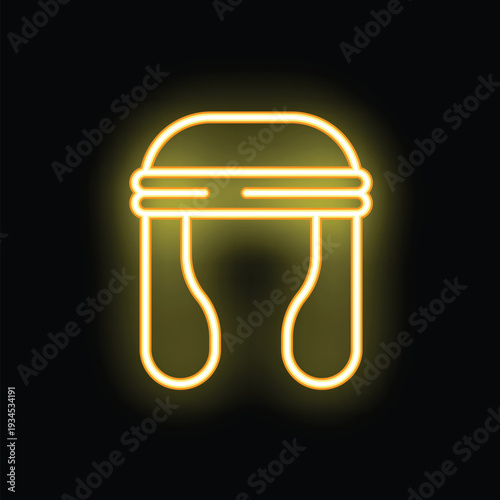 Yellow neon sign depicting a pair of earmuffs glowing on a black background