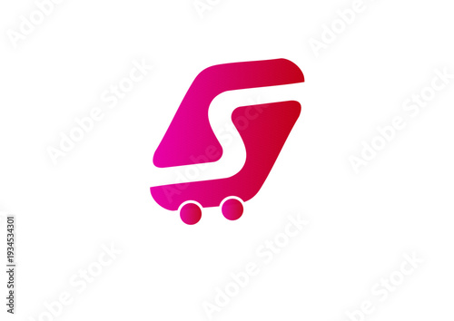 A vibrant stylized shopping cart icon with pink gradient and wheels on transparent background high quality professional