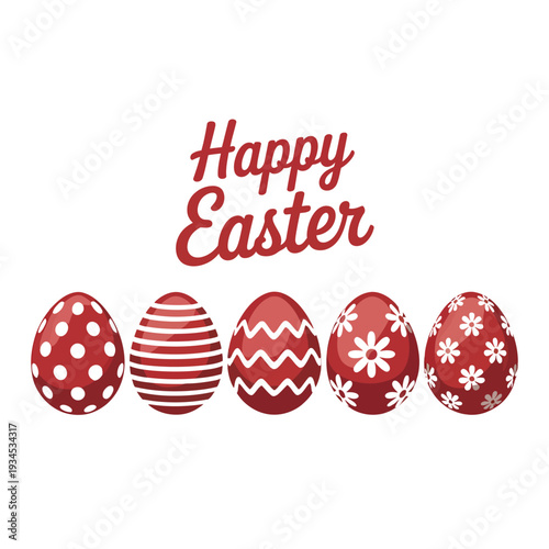 Five richly decorated red Easter eggs display various holiday patterns against a.