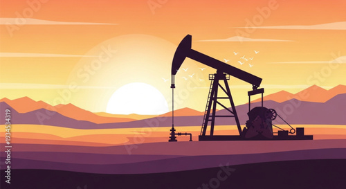 Silhouette of oil pump jack at sunset with mountains in background. oil drilling rig extracting fossil fuels. petroleum industry.