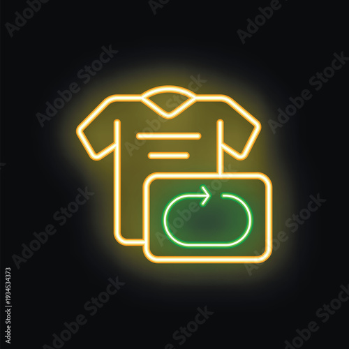 Glowing neon icon of a t shirt with a circular arrow, symbolizing textile recycling and circular economy in fashion industry