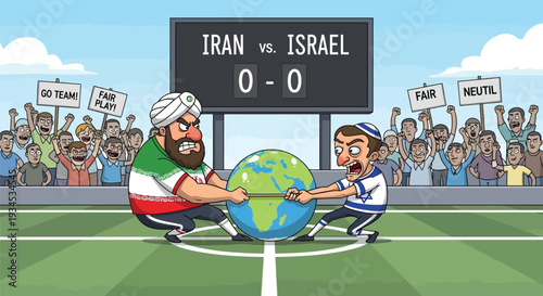 Cartoon illustration depicting iran versus israel political conflict as tug of war over globe with spectators. geopolitical tension.