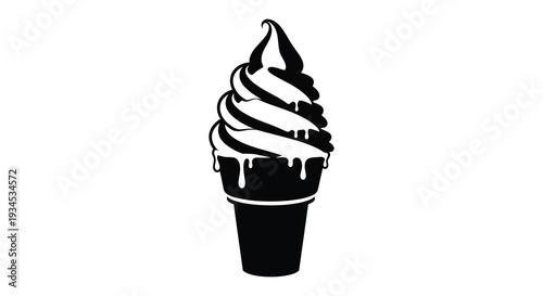 A striking black and white image depicts a swirled soft serve ice cream cone presented as a silhouette high quality