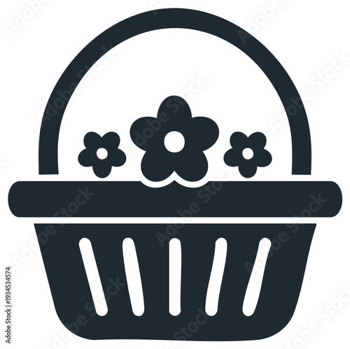 Basket icon with three flowers. Simple spring or Easter decoration