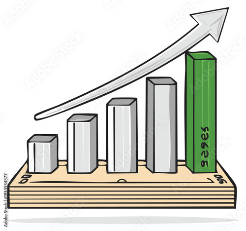 Drawn Bar Graph with Rising Trend Arrow and Green Tallest Bar Labeled 'Wages'