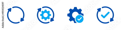 Sync process flat icons set. Bold refresh arrows, gears, and completion checkmarks icon for software update and system UI design. Vector illustration