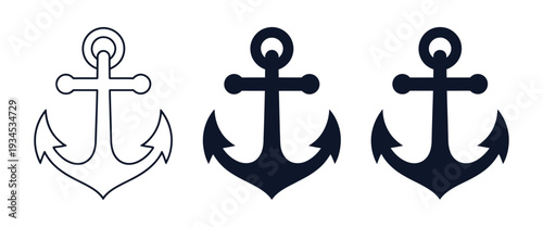 Nautical ship anchor vector icon set with outline, silhouette and colored flat illustrations for sailing, boating, maritime symbols, ocean navigation, and professional digital and print design project