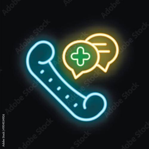 Neon icon of a phone handset with medical chat bubbles glowing, representing telehealth and medical communication