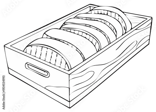 Illustrative Outline of Sushi Rolls Lined Up in a Traditional Wooden Box