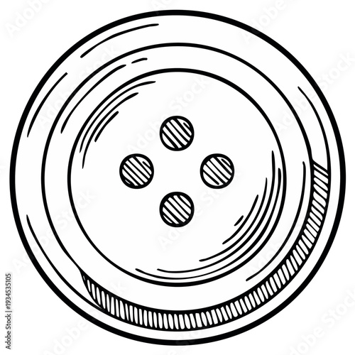 Hand drawn illustration of a circular sewing button with four holes in hatching style.