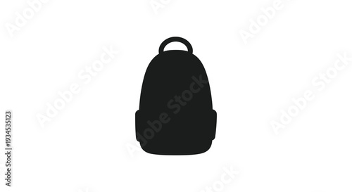 A simple black silhouette of a closed backpack against a stark white background emphasizing its form silhouette