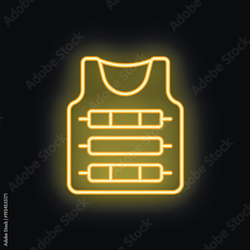Yellow neon icon of bulletproof vest glowing on dark background