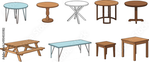 Collection of wooden table vector icons featuring round dining tables rectangular desks picnic benches and modern office furniture for interior design and architecture projects.