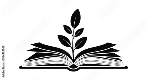An open book with a leafy sprout growing from its pages depicted as a stark black silhouette