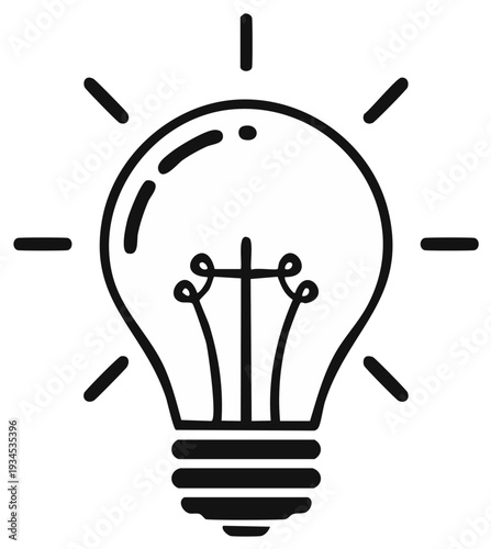 Simple Line Art Illustration of a Glowing Light Bulb with Rays of Light