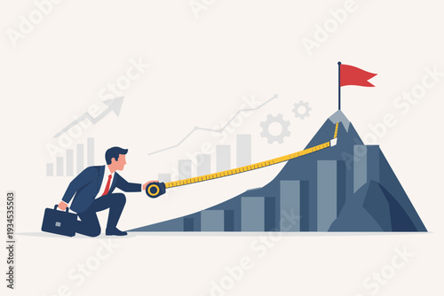 Businessman measuring distance to mountain peak with red flag using tape measure, concept of business success measurement, goal achievement, growth metric analysis, and strategic progress tracking.