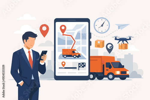 Businessman in suit using smartphone application for real-time logistics and package delivery tracking featuring orange truck, drone courier, map navigation, and clock icons on city background.