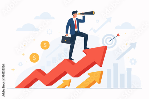 Business Vision and Growth Concept with a Professional Businessman Looking Through a Telescope Standing on a Rising Red Arrow for Opportunity, Success, Career Achievement, and Financial Investment