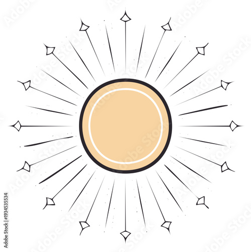 Retro bohemian sunburst design with textured rays and glowing central circle