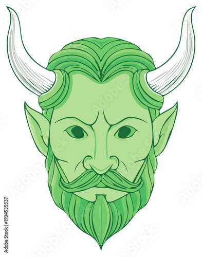 Green Fiendish Creature Face with Horns and Beard Illustration