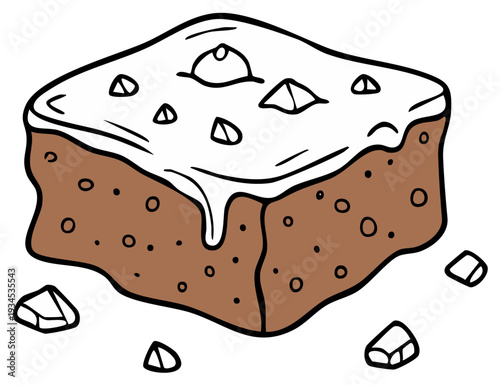 Delicious square frosted brownie with chocolate chips and crumbs scattered around