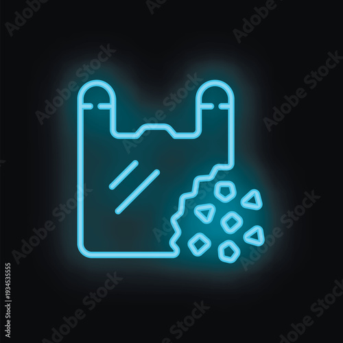 Blue neon icon of a plastic bag breaking down into small particles on a black background
