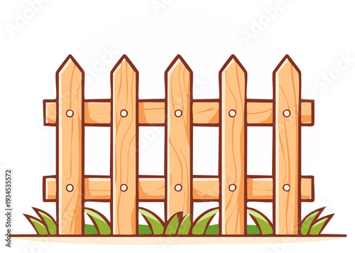 Cartoon Wood Fence with Grass Detail Illustration; Wooden Picket Fence and Turf Icon