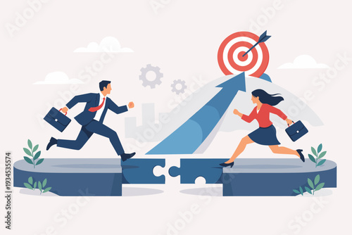 Business Collaboration and Synergy Concept with Businessman and Businesswoman Running to Connect Puzzle Pieces for Growth, Success, Joint Alliance, Merger and Acquisition Strategy Achievement.