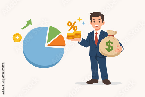 Professional businessman holding a money bag and gold coins with a percentage sign next to a pie chart, illustrating commission payment, interest rate for loan, investment profit, and reward.