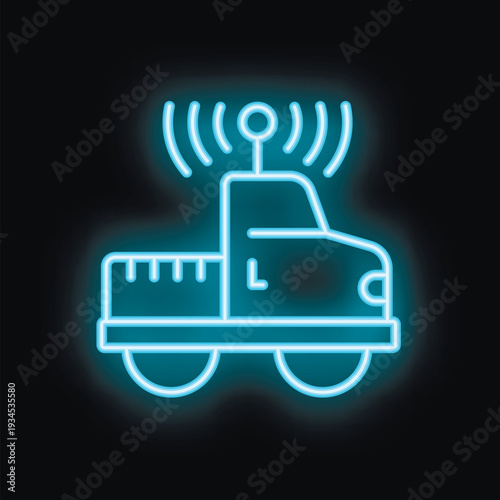 Blue glowing neon icon representing a self driving truck using a wireless connection