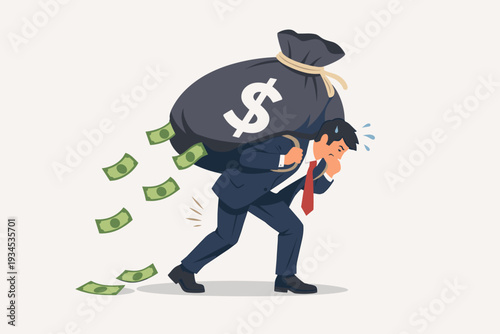 Businessman Carrying a Heavy Bag of Money with Dollar Sign Leaking Banknotes, Concept of Financial Debt Burden, Loan Payment, Mortgage Obligation, Economic Pressure and Stressful Responsibility