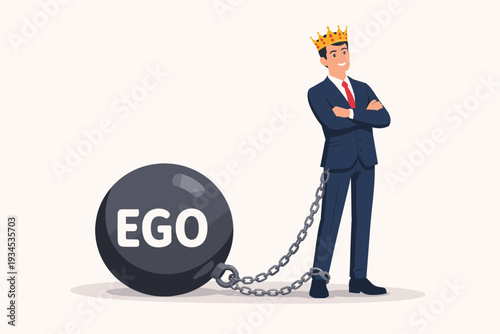 Arrogant Businessman Wearing a Golden Crown Chained to a Heavy Ball Labeled Ego, Metaphorical Illustration of Narcissism, Self-Importance, and Overconfidence Hindering Success and Personal Growth