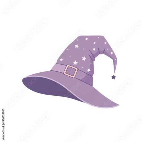 Purple witch hat with stars and buckle illustration.