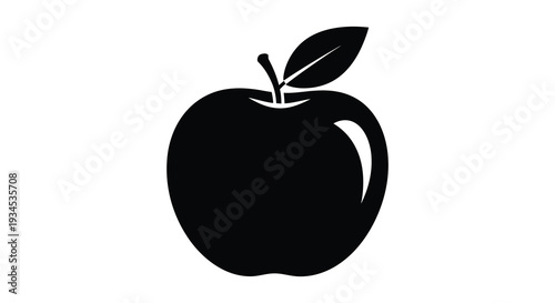 A minimalist depiction of a ripe apple with a single leaf and stem presented as a stark silhouette