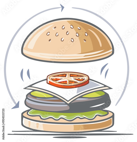 Animated Exploded Burger Build Up Illustration Food Ingredients Preparation