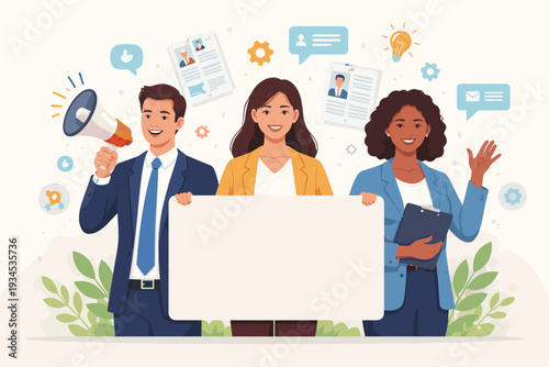 Diverse team of professional human resources recruiters holding a blank white banner for announcement. We are hiring concept with megaphone, resumes, and business icons. Career opportunity.
