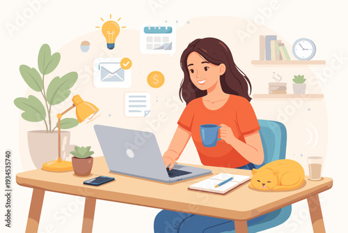 Vector illustration of a happy woman freelancer working remotely on a laptop at a desk with a sleeping cat, coffee, and plants. Floating icons for email, calendar, and ideas symbolize a productive