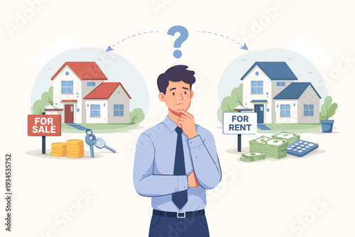 Man Making Decision Between Buying or Renting a House, Real Estate Investment Concept with For Sale and For Rent Signs, Mortgage vs Monthly Payment, Financial Planning for Home Ownership.