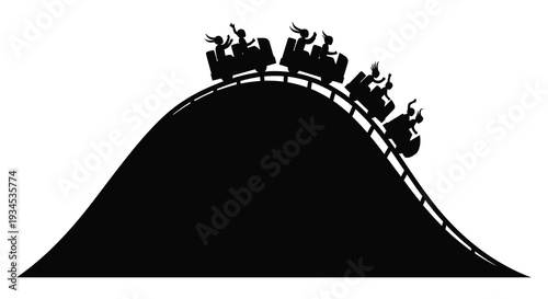 A dynamic black silhouette depicts a thrilling roller coaster ride with passengers enjoying the ascent and descent silhouette