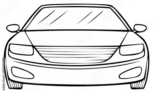 Front view of a car in black and white line art drawing shows vehicle and design elements