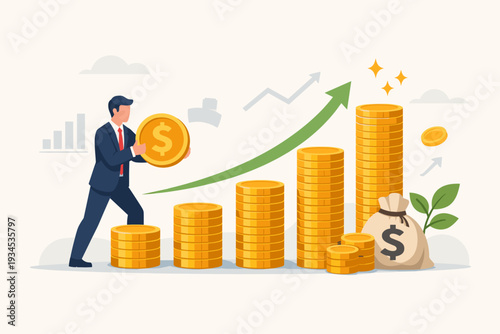 Businessman investing gold coins for wealth accumulation and financial growth. Stacks of coins with an upward arrow representing compound interest, capital gain, profit, and pension fund savings.