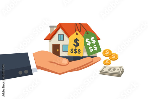 Property Tax and Real Estate Housing Payment Concept with Businessman Hand Holding a House with Price Tags, Money Bills, and Gold Coins for Mortgage, Investment, or Government Tax Illustration.