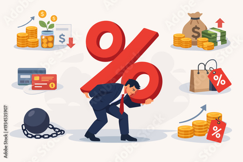 Businessman Struggling Under Heavy Burden of Large Red Percentage Symbol Representing High Interest Rates, Debt, Inflation, and Financial Pressure on Savings, Loans, and Economic Investments