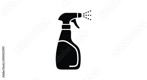 A sleek black spray bottle expels a fine mist of liquid creating a bold graphic representation silhouette high quality