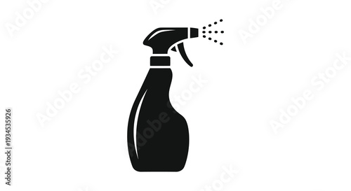 A black silhouette depicts a spray bottle emitting a fine mist of liquid creating a clean aesthetic silhouette