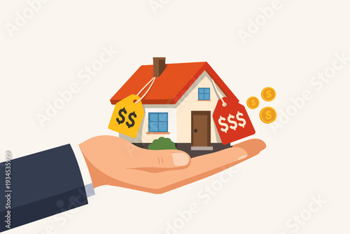 Real Estate Property Tax and Housing Payment Concept Illustration with Businessman Hand Holding a House with Price Tags and Money Coins for Mortgage, Investment, Home Ownership, and Renting.