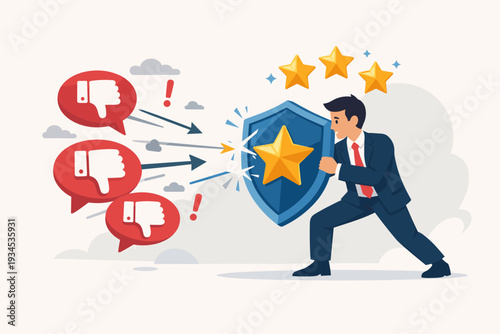 Businessman Holding Shield to Protect Brand Reputation and Trust from Negative Customer Reviews, Thumbs Down Feedback, and Social Media Attacks, Online Crisis Management Marketing Concept.