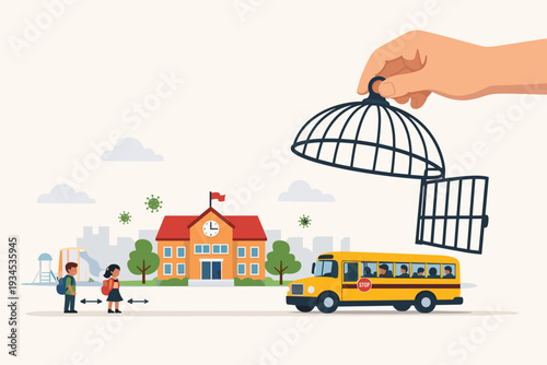 School Reopening and Social Distancing After COVID-19 Lockdown with Hand Lifting Birdcage Symbolizing Freedom, Students Returning to Education with Safety Measures, School Bus and Campus Building.
