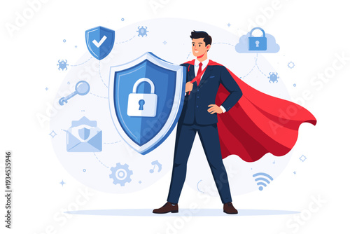 Businessman as a superhero with a red cape holding a large shield with a padlock icon for cyber security, data protection, privacy, and network safety from online threats and virus attacks.