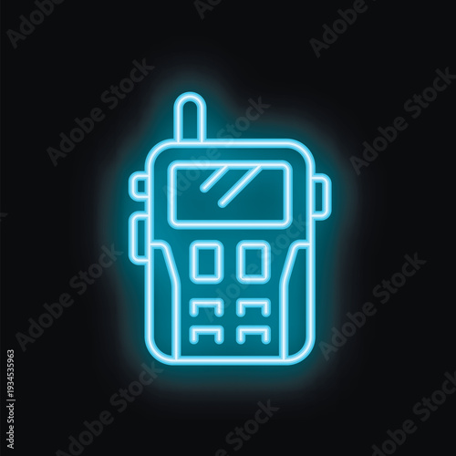 Blue neon icon of a handheld walkie talkie radio transceiver glowing on a black background